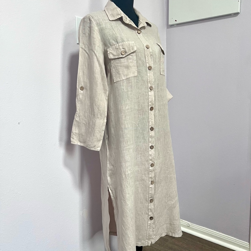Linen midi Cream Long Sleeve‎ Dress small
